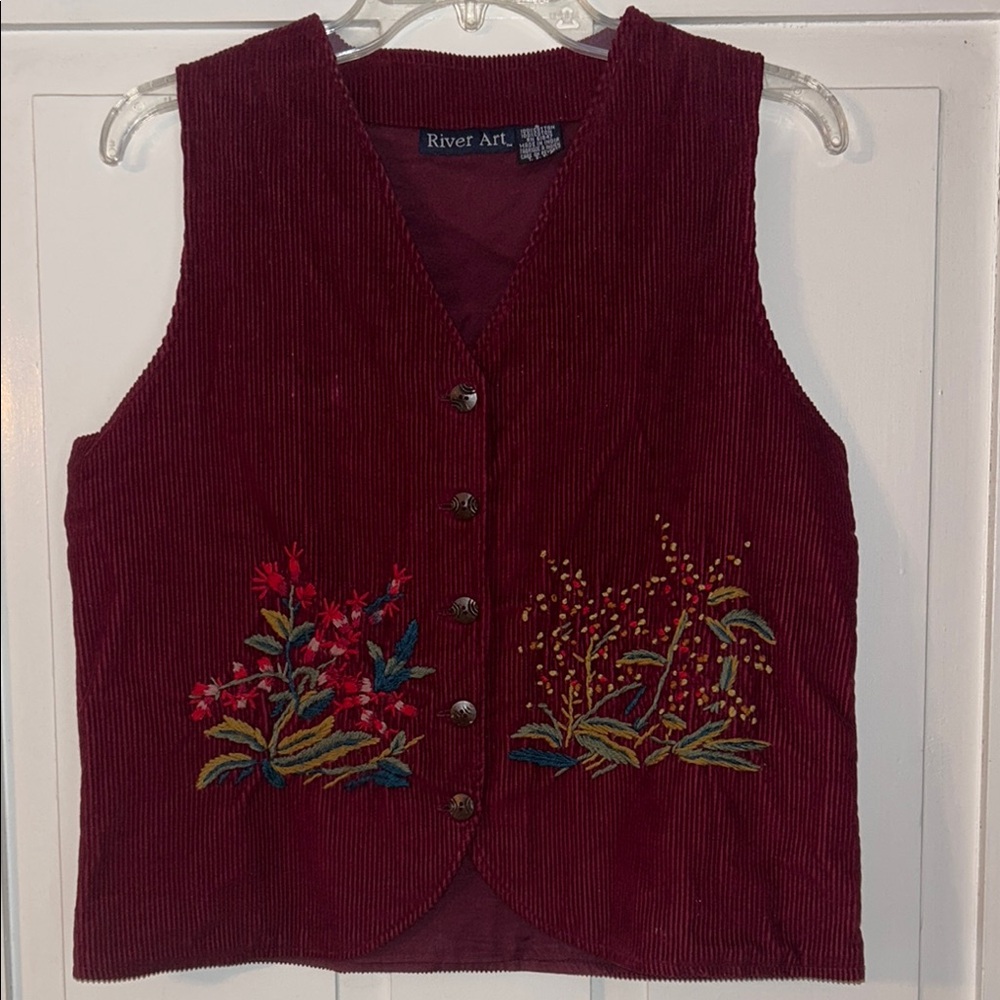 RIVER ART Women's Corduroy Vest Burgundy Large Embroidered Indie Granola Artsy
